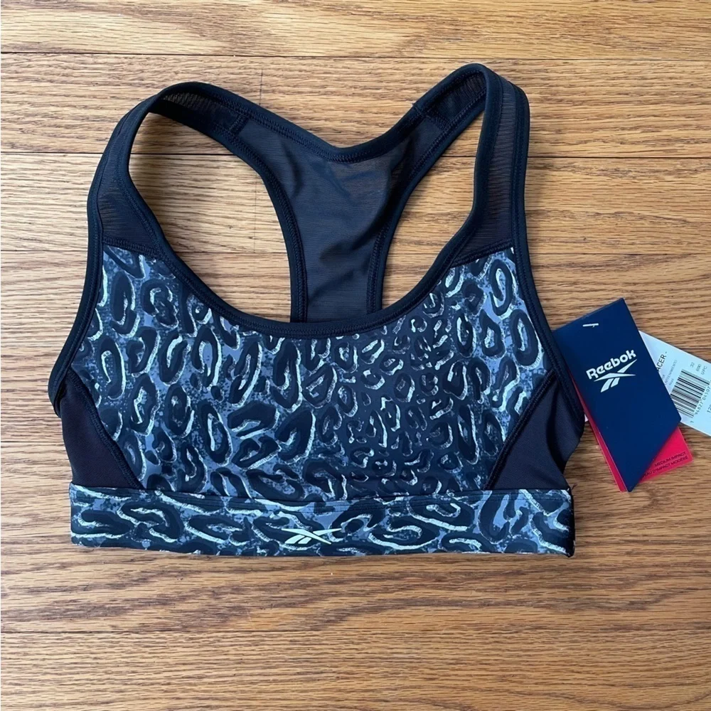 NEW Reebok TS Lux Racerback Sports Bra Leopard Black Size XS NWT
